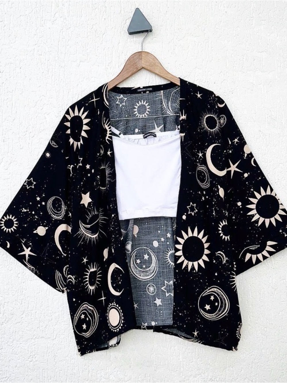 Celestial Print Open-Front Tunic Kimono - Black & Cream